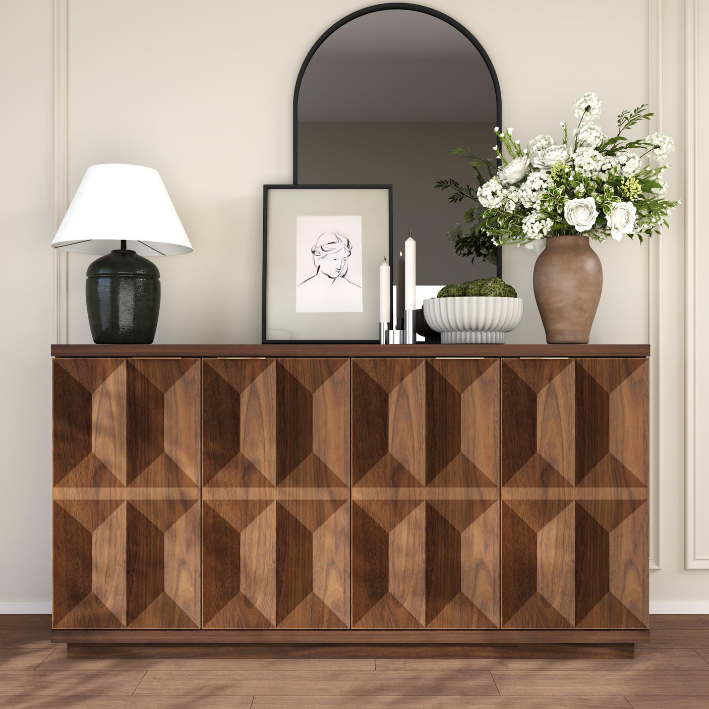 Yechen 59" Walnut Sideboard – Modern 3D Geometric Buffet Cabinet