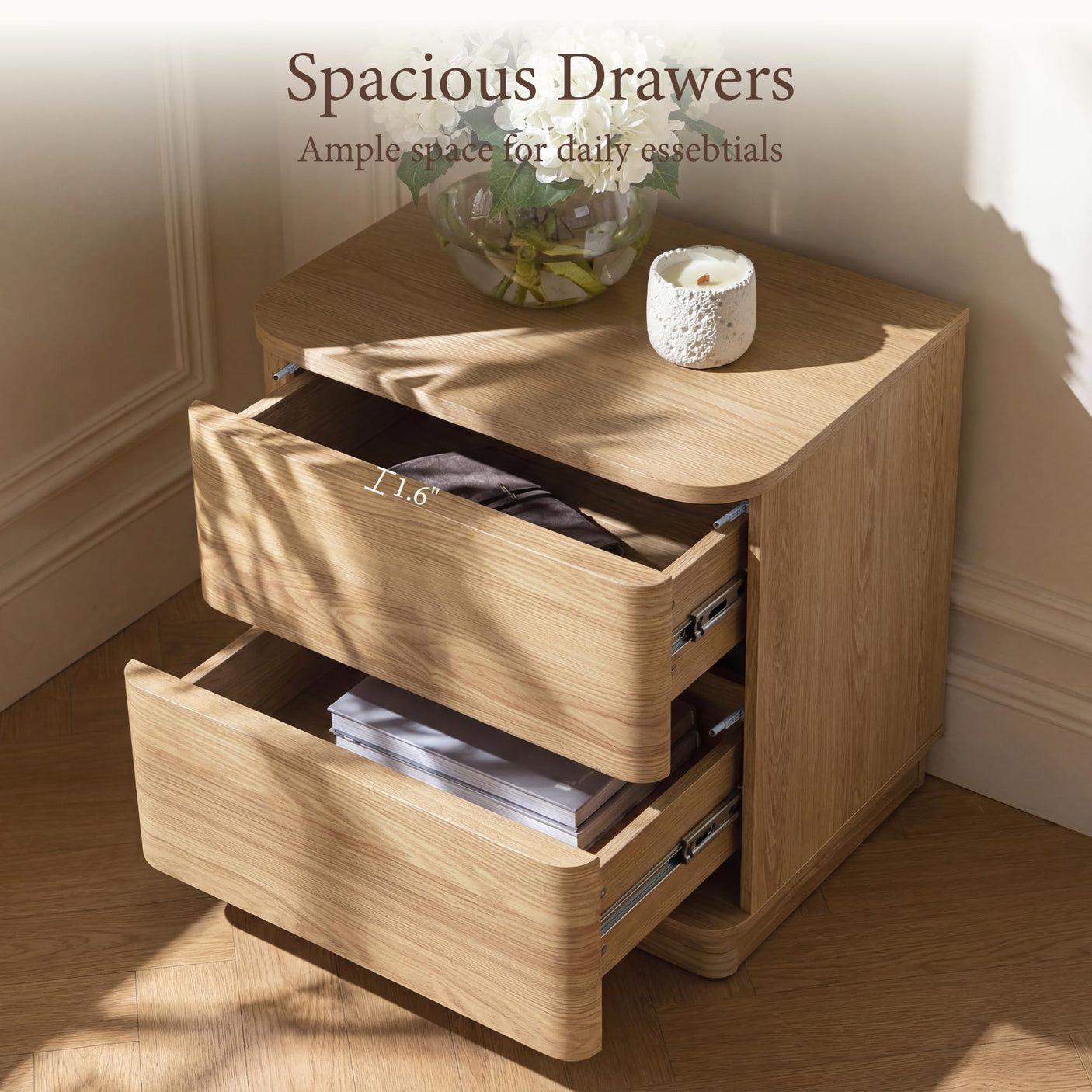 Yechen Natural Oak Nightstand — 2-Drawer Bedside Table with Hidden Storage