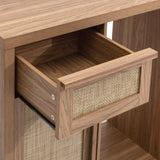 Rattan Coffee Bar Cabinet with Mini Fridge Space - Boho Sideboard with Wine Storage