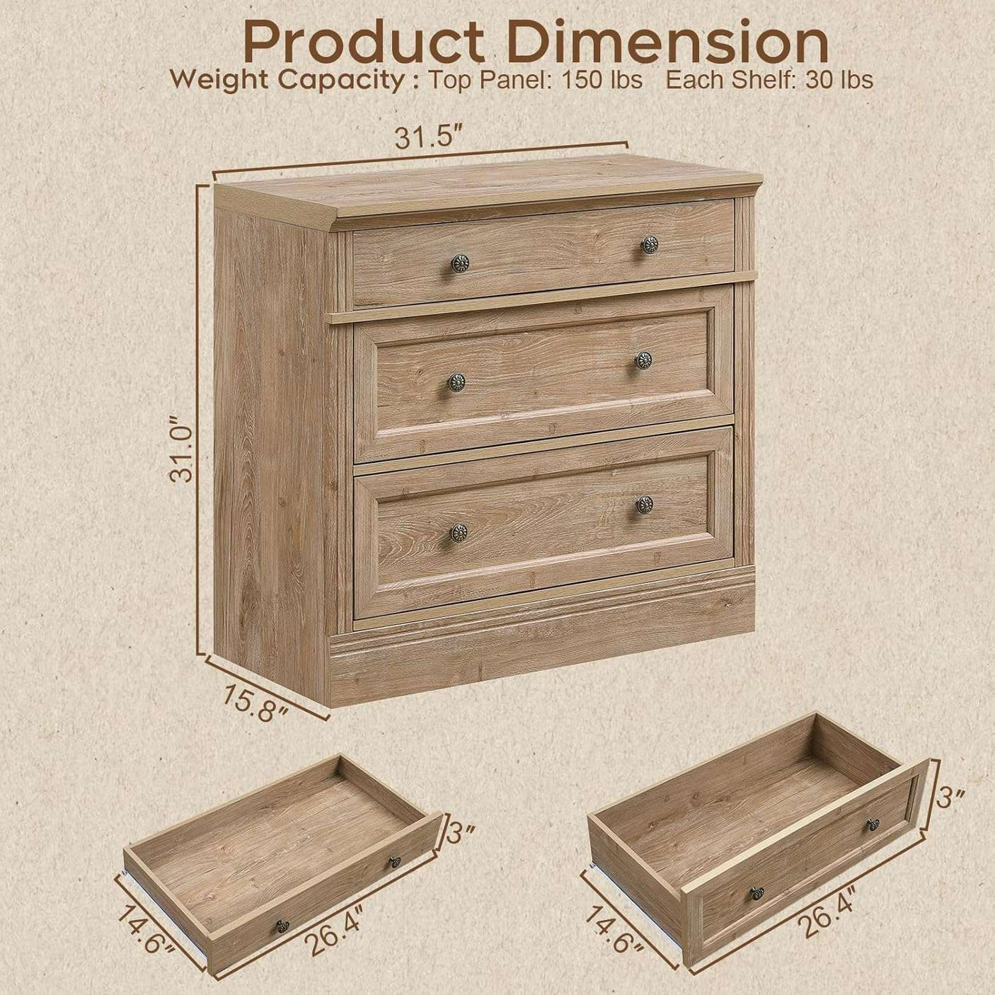 31.5" Oversized Extra Large Nightstand with 3 Drawers