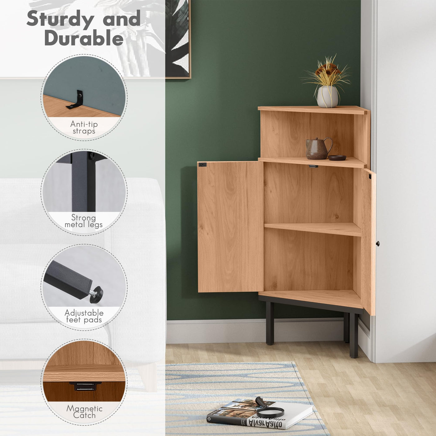 Corner Rattan Storage Cabinet with Adjustable Shelf - Boho Triangle Design