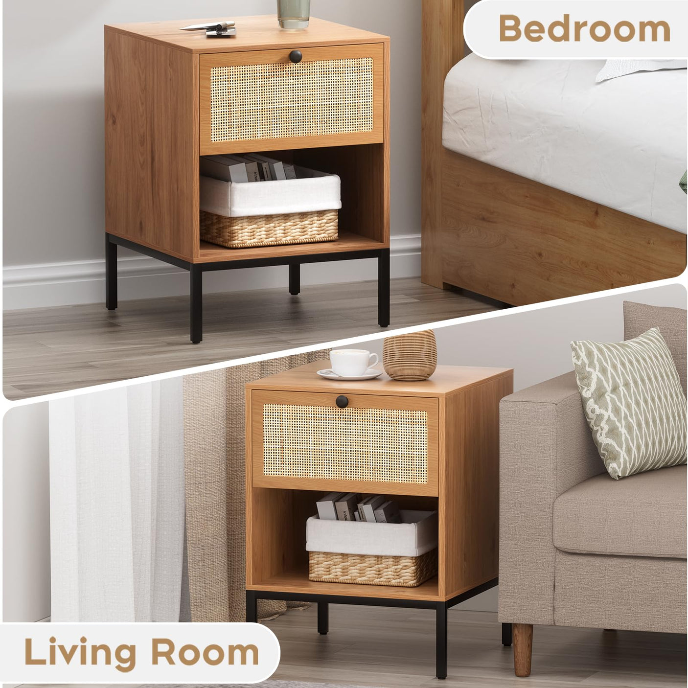 Yechen Rattan Nightstands Set of 2, 2-Drawer Boho Bedside Tables with Metal Legs