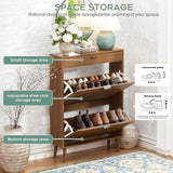 Slim Fluted Shoe Cabinet with Flip Drawers | Entryway Shoe Organizer | Walnut & Natural Oak