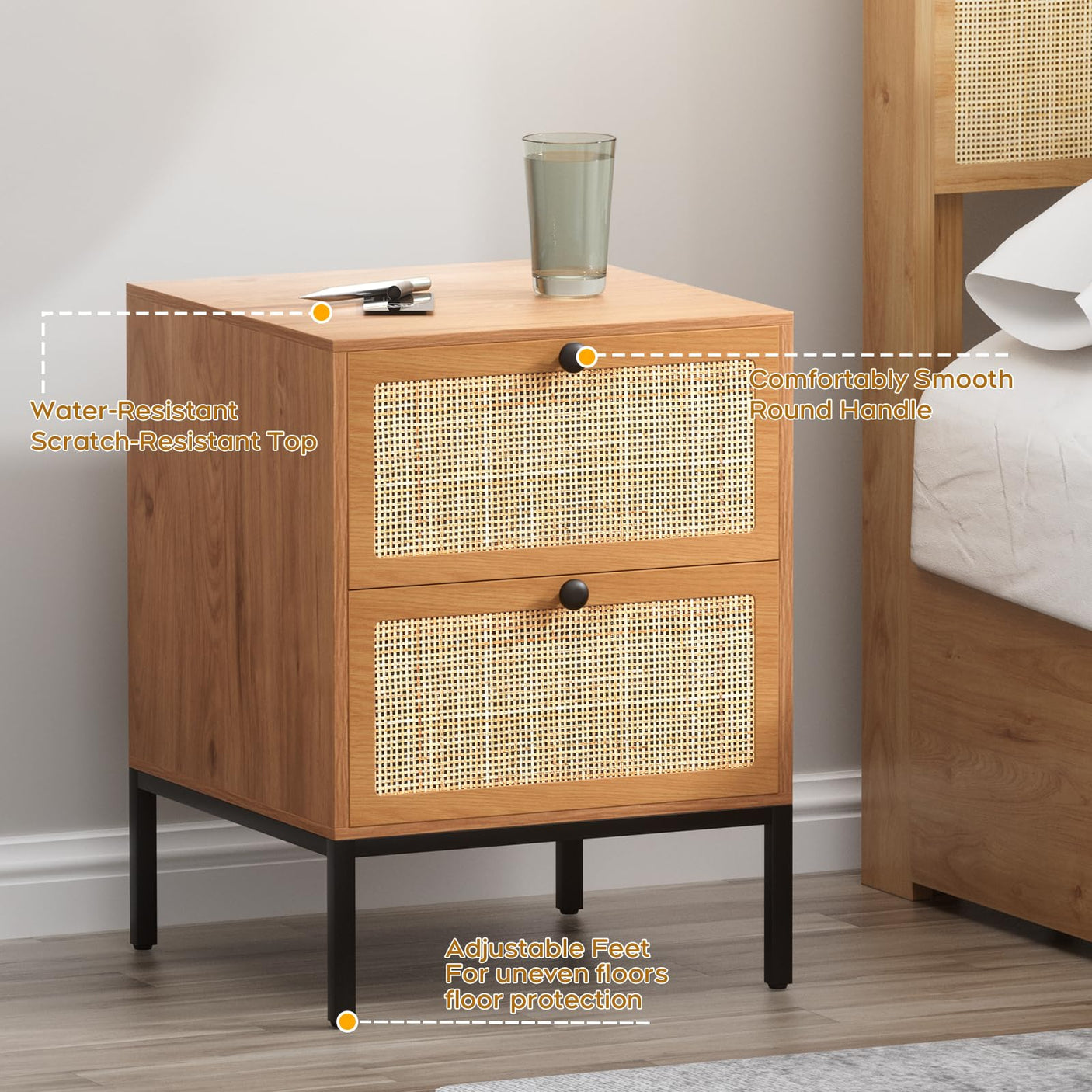 Yechen Rattan Nightstands Set of 2, 2-Drawer Boho Bedside Tables with Metal Legs