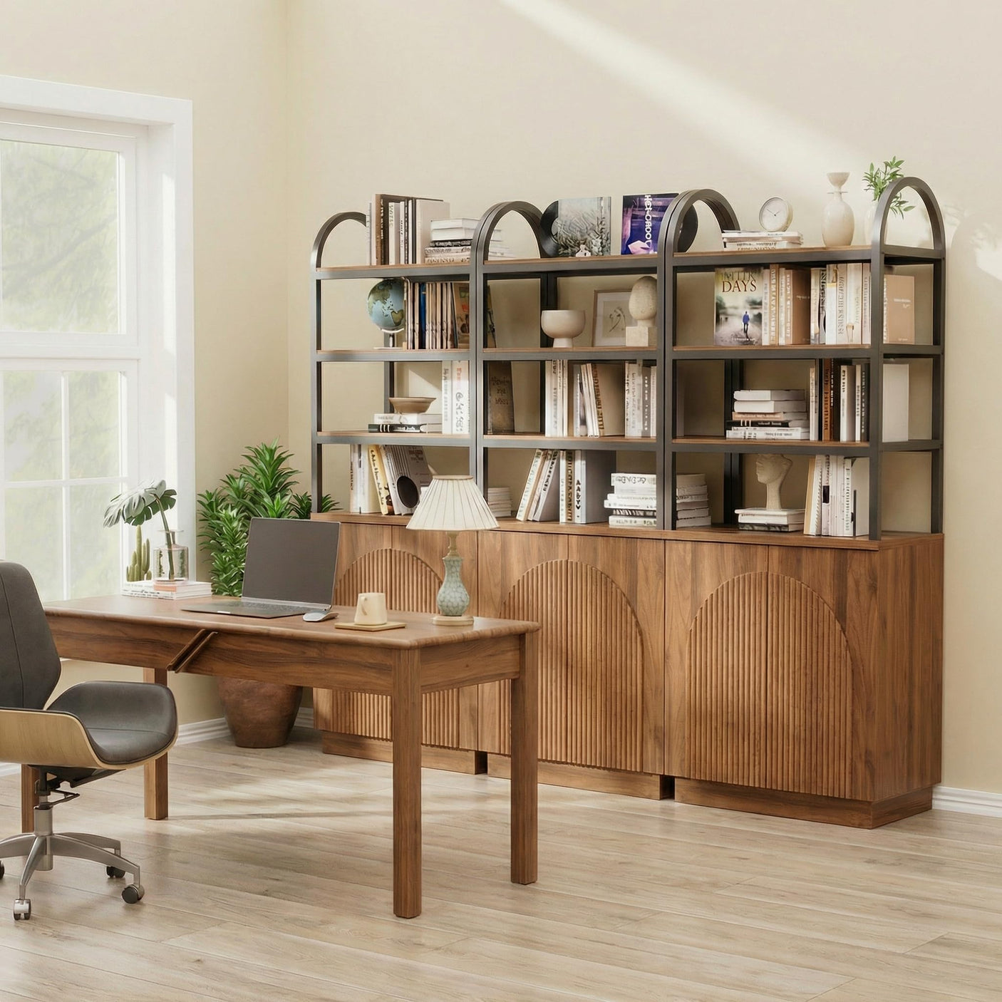 YECHEN Modern 71" Arched Bookcase with Reeded Design Doors | 7-Tier Tall Bookshelf with Storage Cabinet & Adjustable Shelves