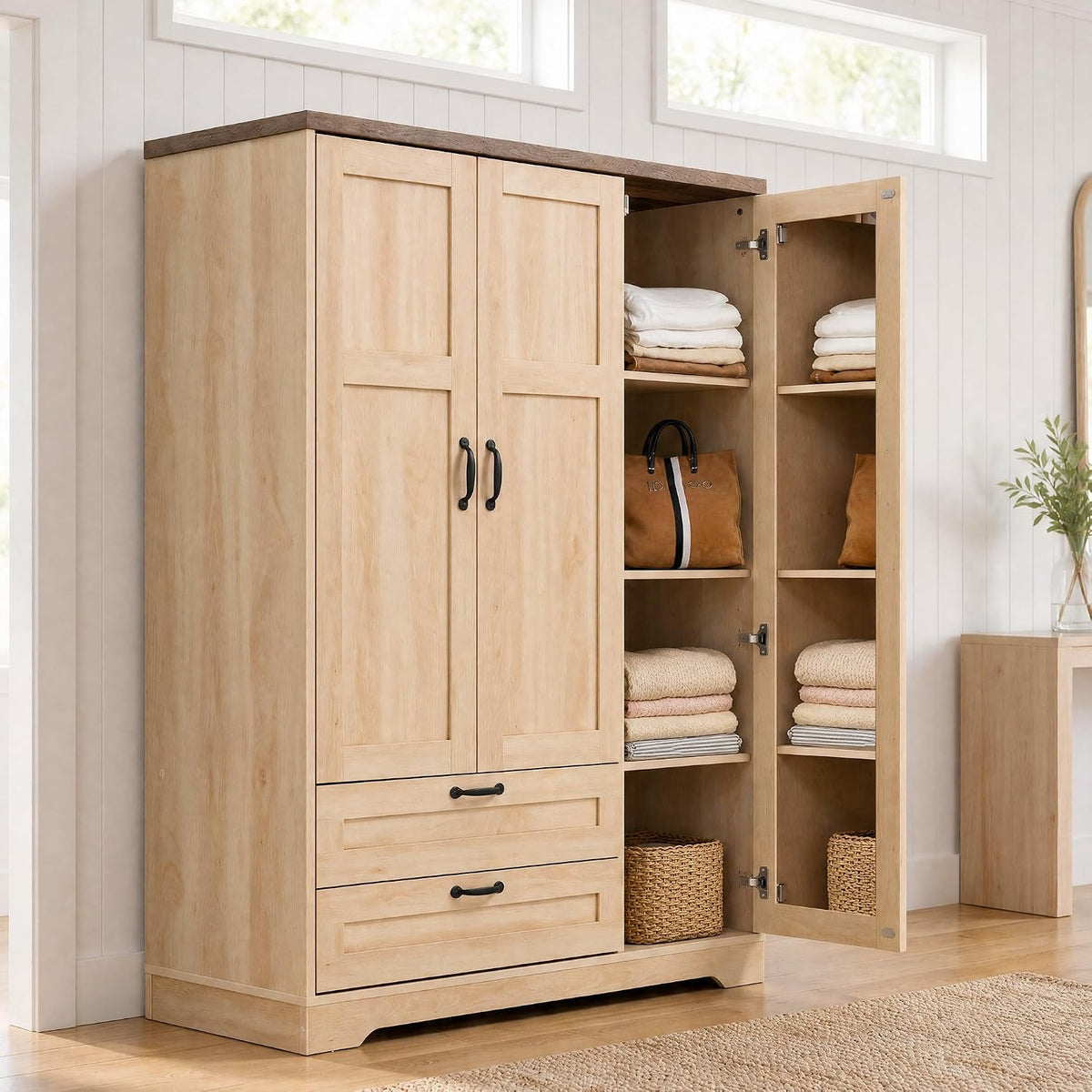 Yechen 3-Door Wooden Wardrobe Closet with Mirror, Drawers & Shelves, Farmhouse Armoire for Bedroom