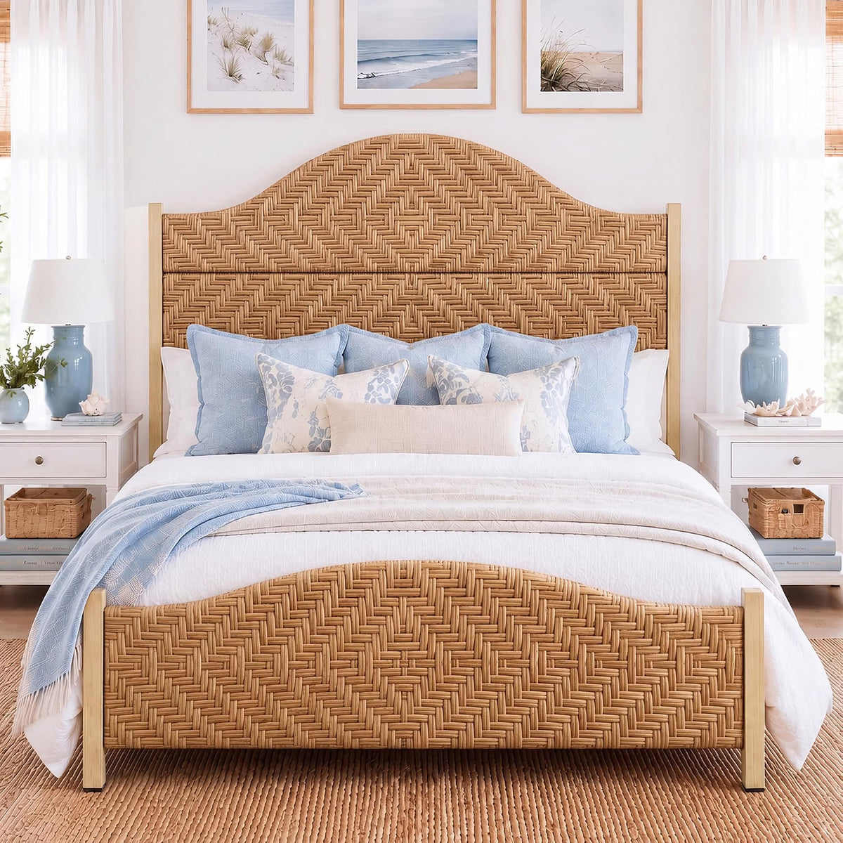 Rattan Bed Frame | Boho Tall Headboard with Solid Wood Legs