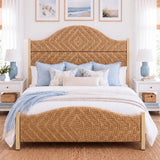 Rattan Bed Frame | Boho Tall Headboard with Solid Wood Legs
