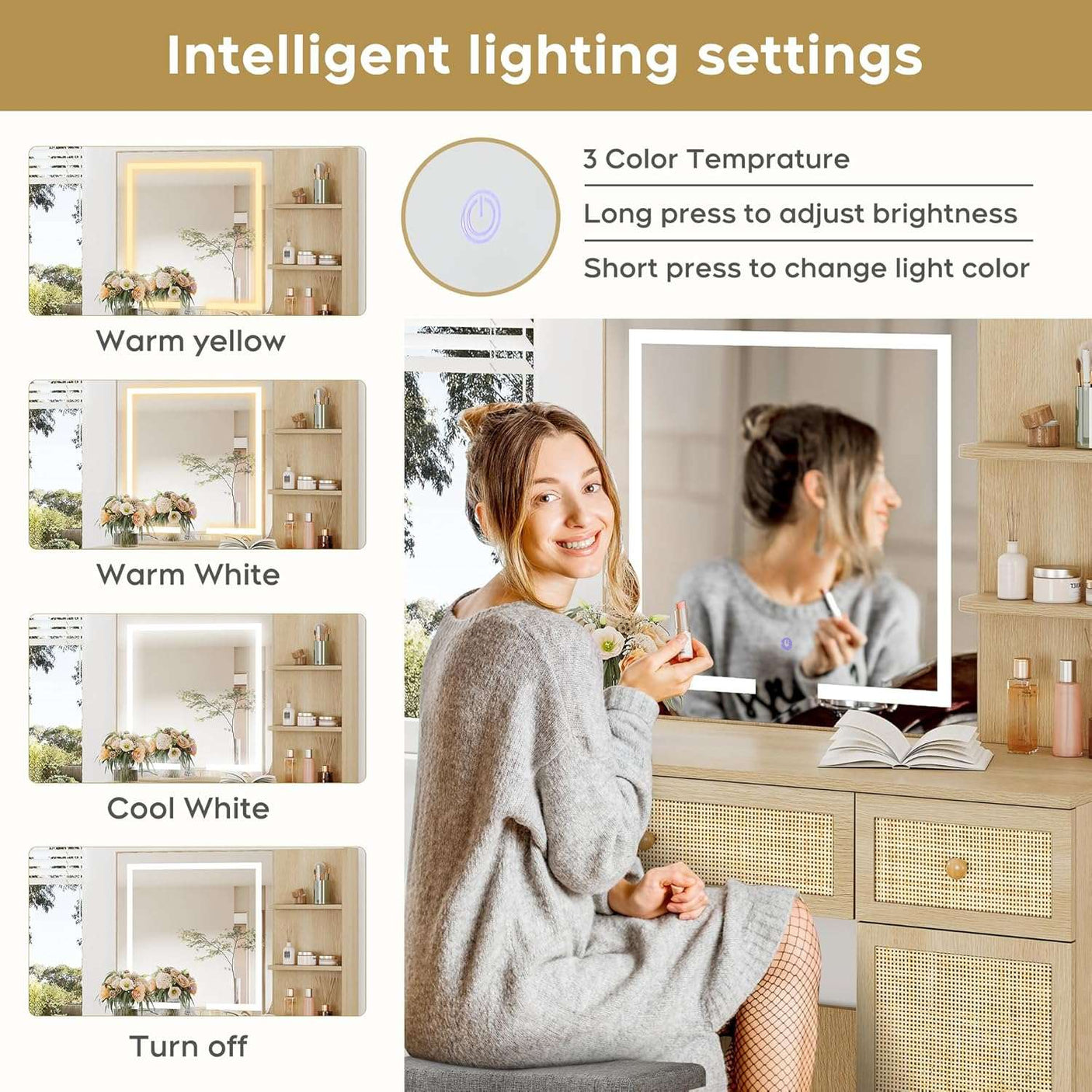 Rattan Vanity Desk with LED Lights Mirror and Chair