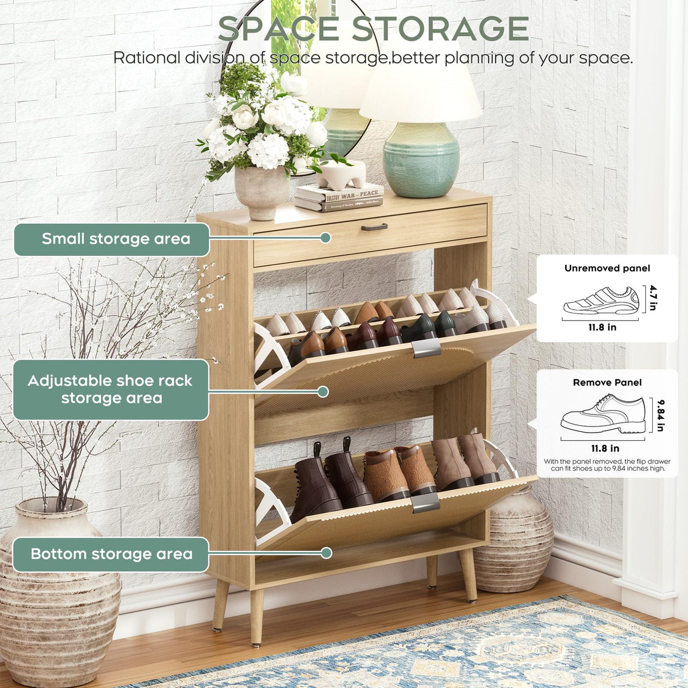 Slim Fluted Shoe Cabinet with Flip Drawers | Entryway Shoe Organizer | Walnut & Natural Oak