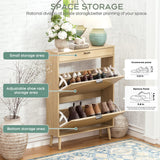 Slim Fluted Shoe Cabinet with Flip Drawers | Entryway Shoe Organizer | Walnut & Natural Oak