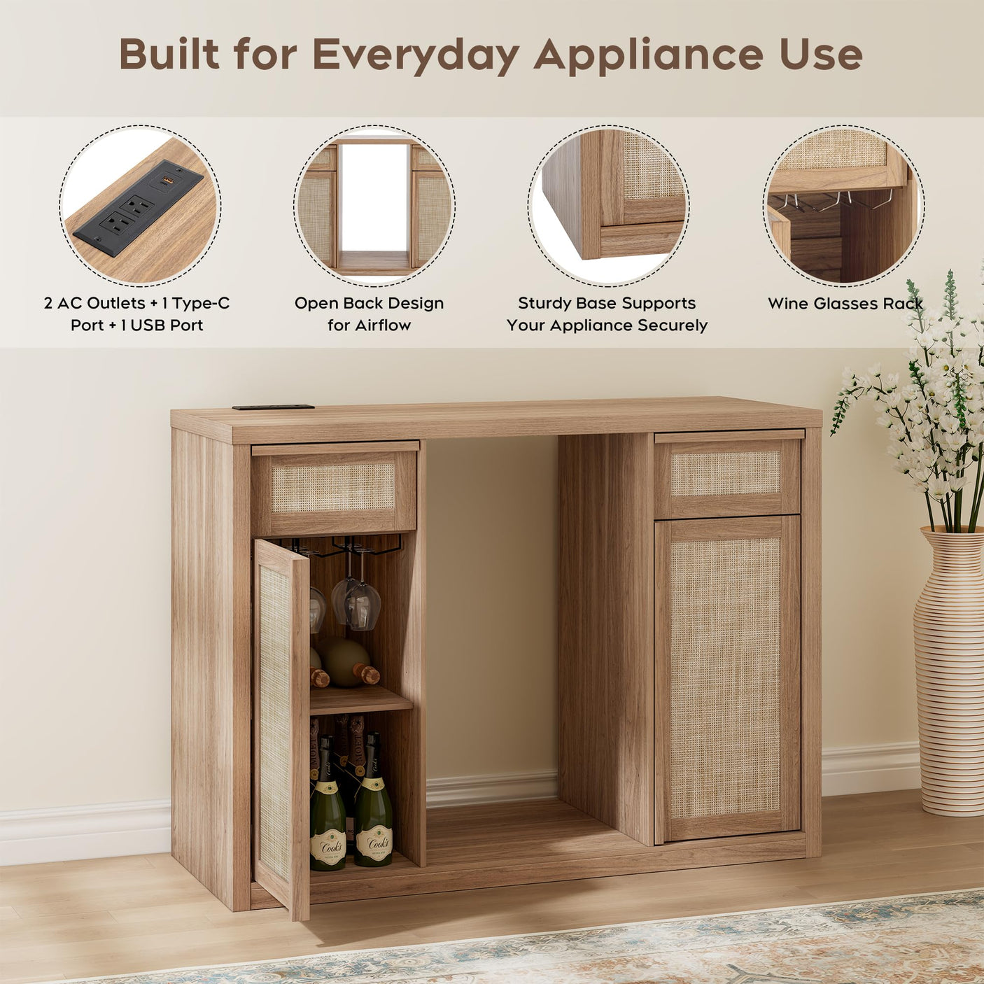 Rattan Coffee Bar Cabinet with Mini Fridge Space - Boho Sideboard with Wine Storage