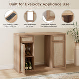 Rattan Coffee Bar Cabinet with Mini Fridge Space - Boho Sideboard with Wine Storage