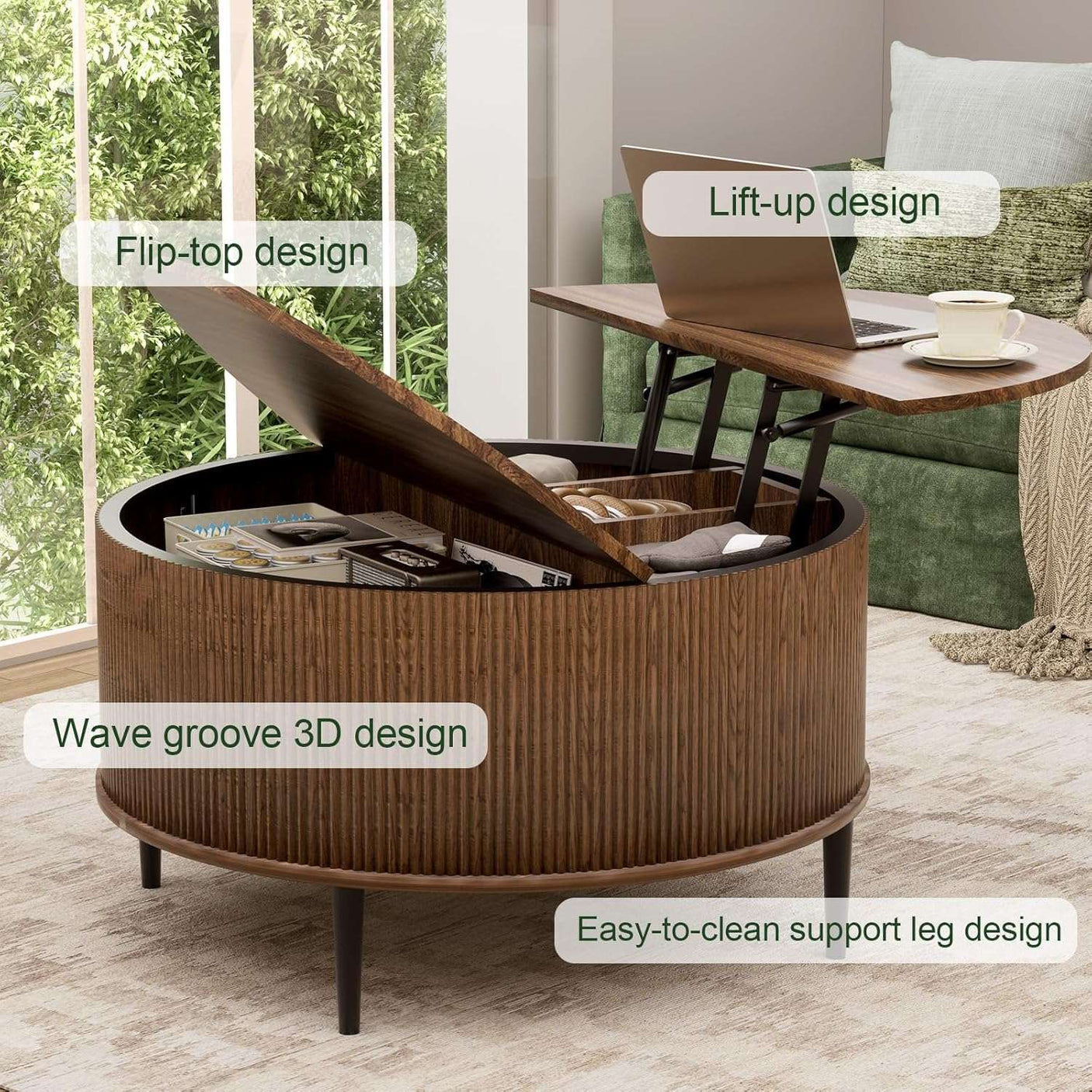 31.5" Round Coffee Table with Storage