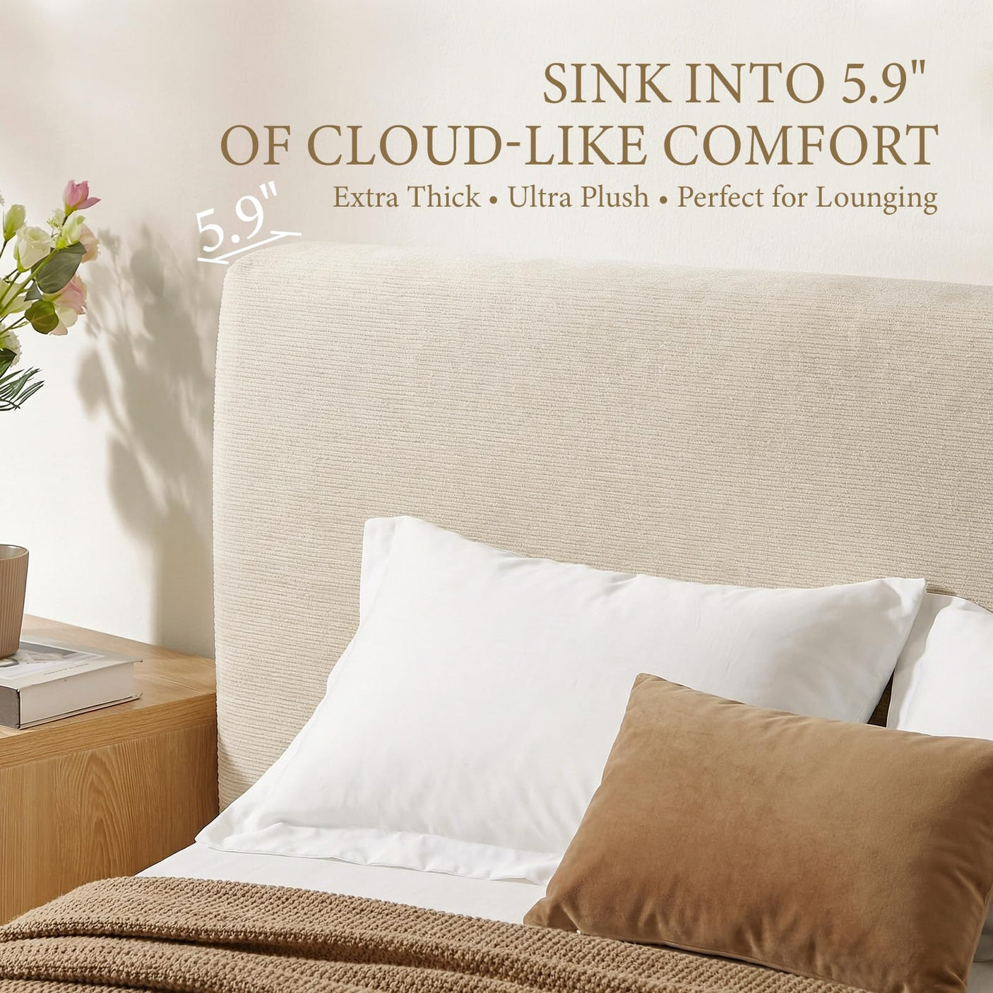 Yechen Cloud Bed Frame | Ribbed Chenille Upholstered Bed with 5.9" Padded Headboard | Queen & King