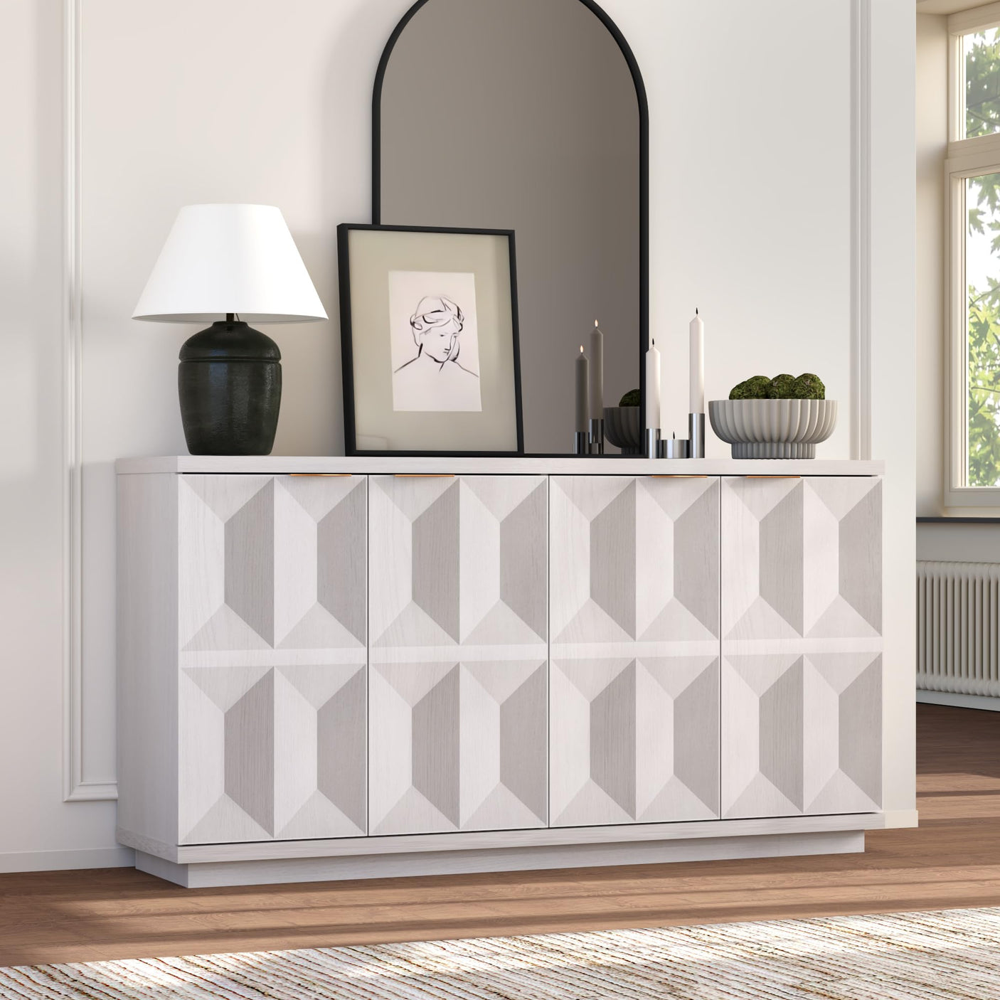 Yechen 59" Walnut Sideboard – Modern 3D Geometric Buffet Cabinet