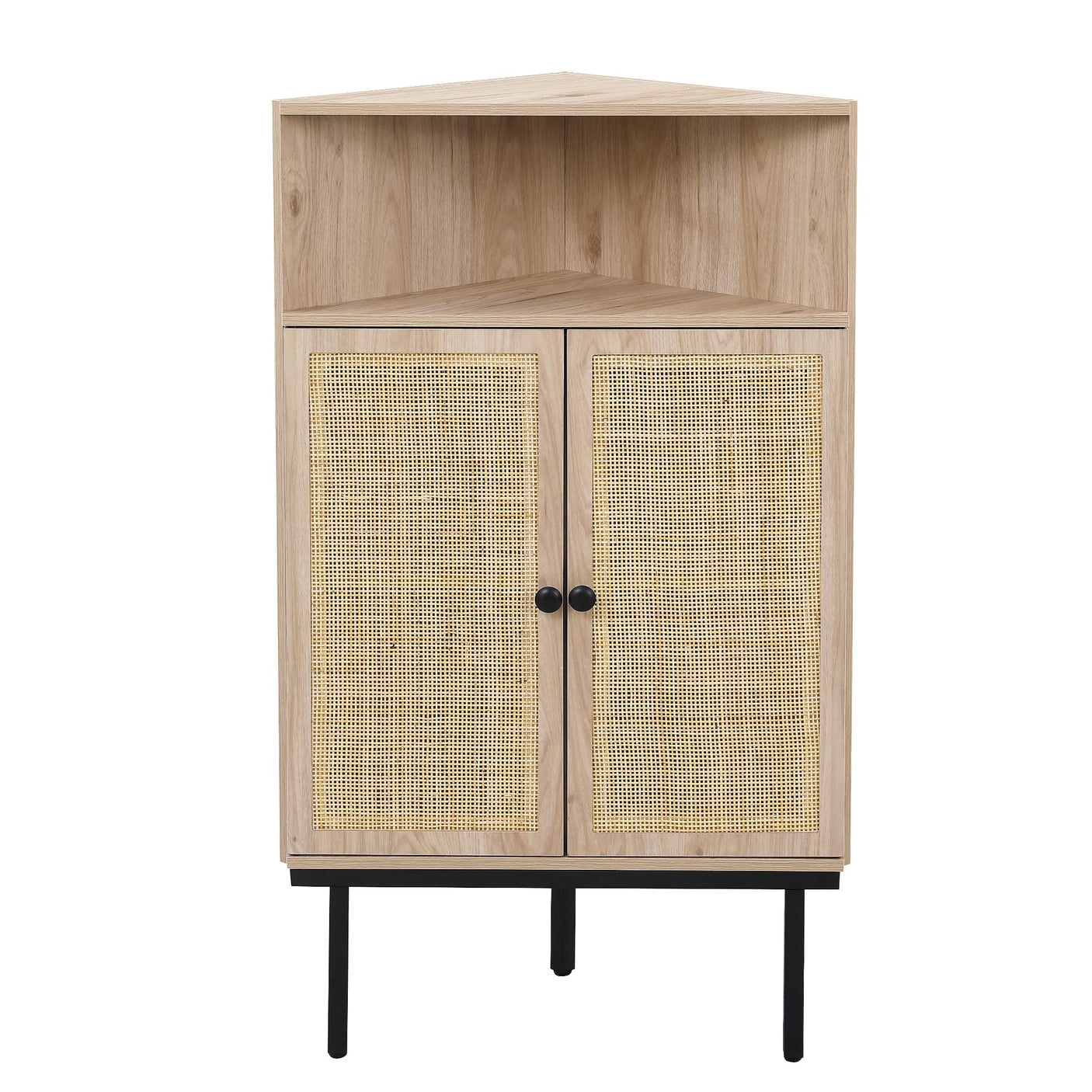 Corner Rattan Storage Cabinet with Adjustable Shelf - Boho Triangle Design