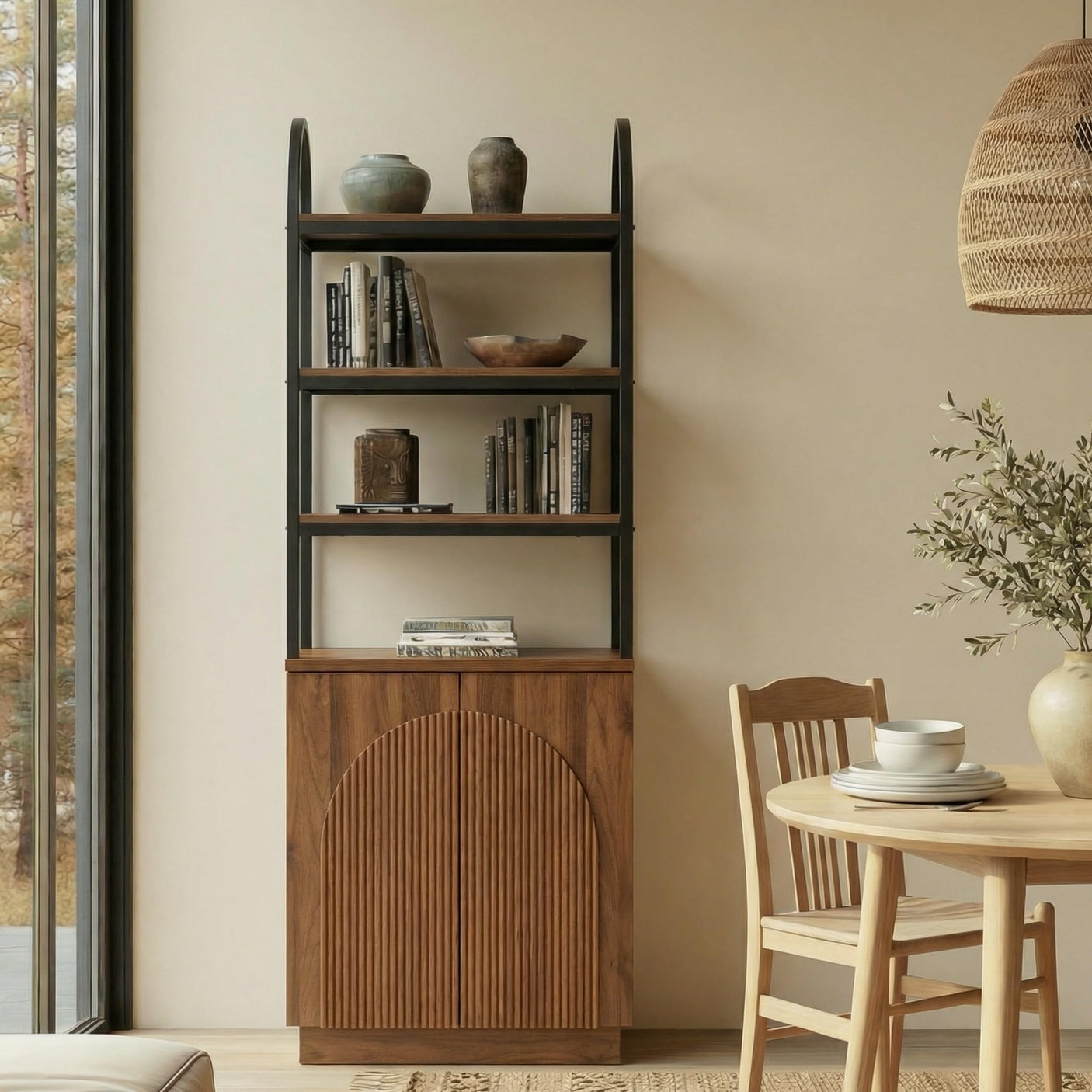 YECHEN Modern 71" Arched Bookcase with Reeded Design Doors | 7-Tier Tall Bookshelf with Storage Cabinet & Adjustable Shelves