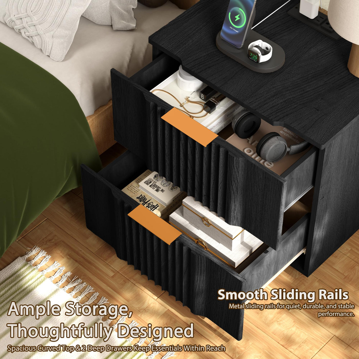 Yechen Fluted Wood Nightstand with 20W Fast Charging – 2-Drawer Bedside Table, Black