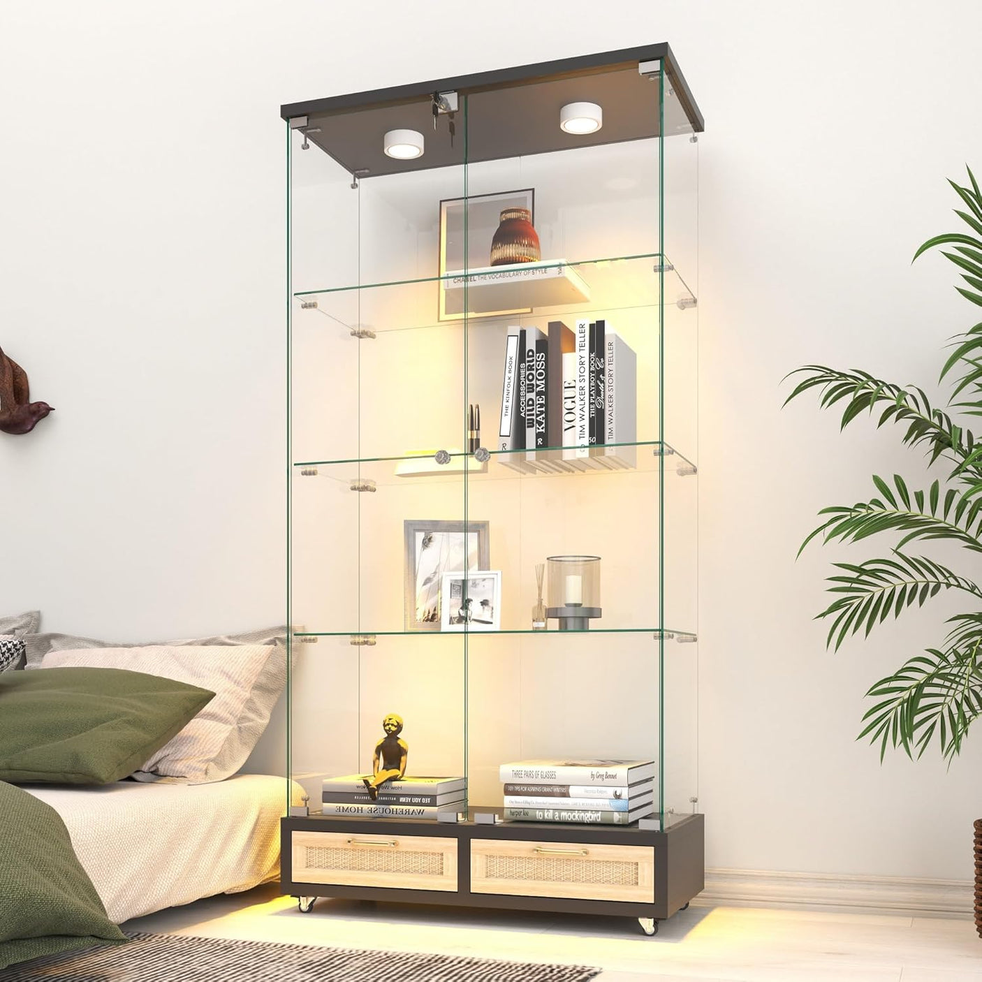 YECHEN Glass Display Cabinet with LED Lights | Double-Door Curio Cabinet with 2 Drawers