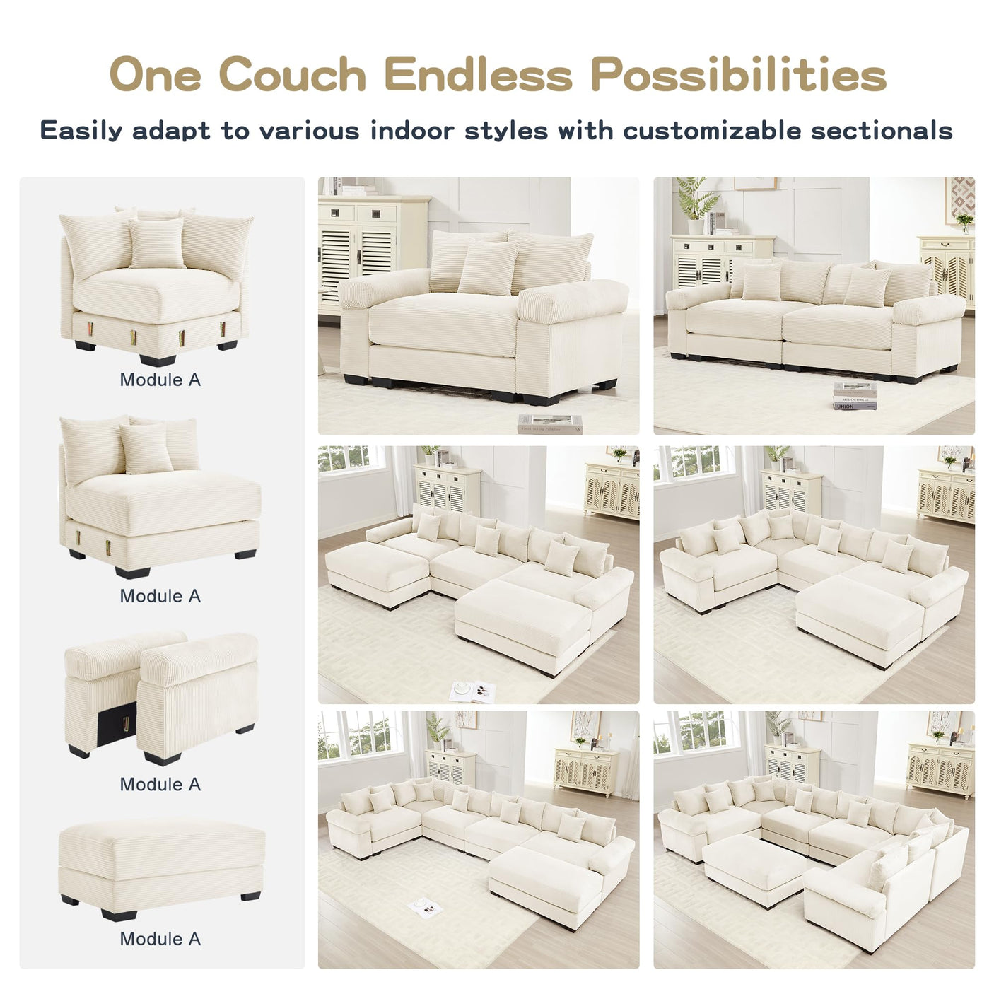 54" Oversized Corduroy Modular Sectional Sofa - Premium Comfort with High-Density Foam & Flexible Design