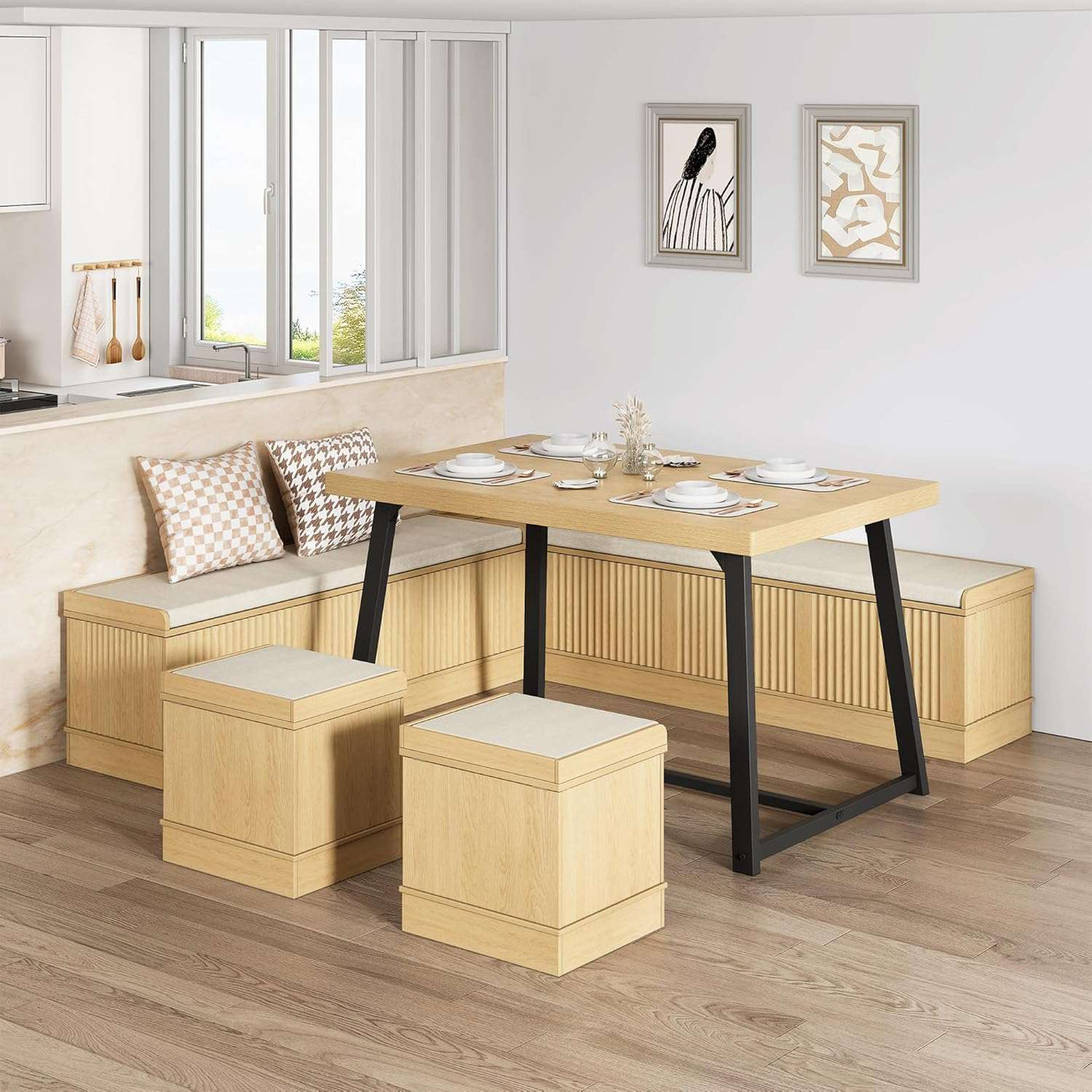 47 Inch Corner Dining Table Set with Storage Stool and Storage Bench