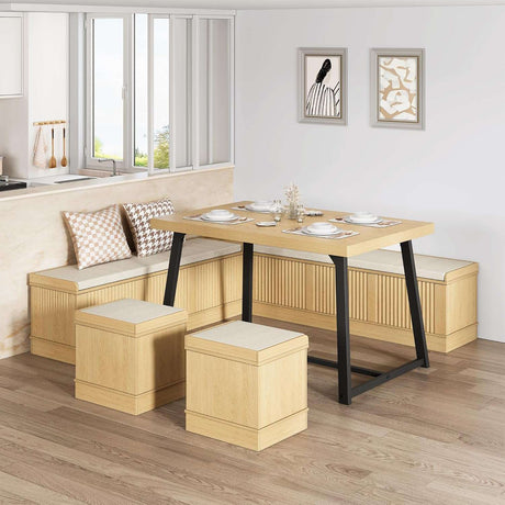47 Inch Corner Dining Table Set with Storage Stool and Storage Bench