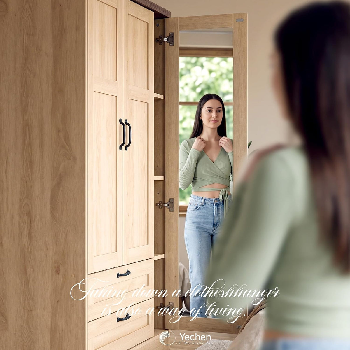 Yechen 3-Door Wooden Wardrobe Closet with Mirror, Drawers & Shelves, Farmhouse Armoire for Bedroom