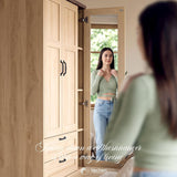 Yechen 3-Door Wooden Wardrobe Closet with Mirror, Drawers & Shelves, Farmhouse Armoire for Bedroom