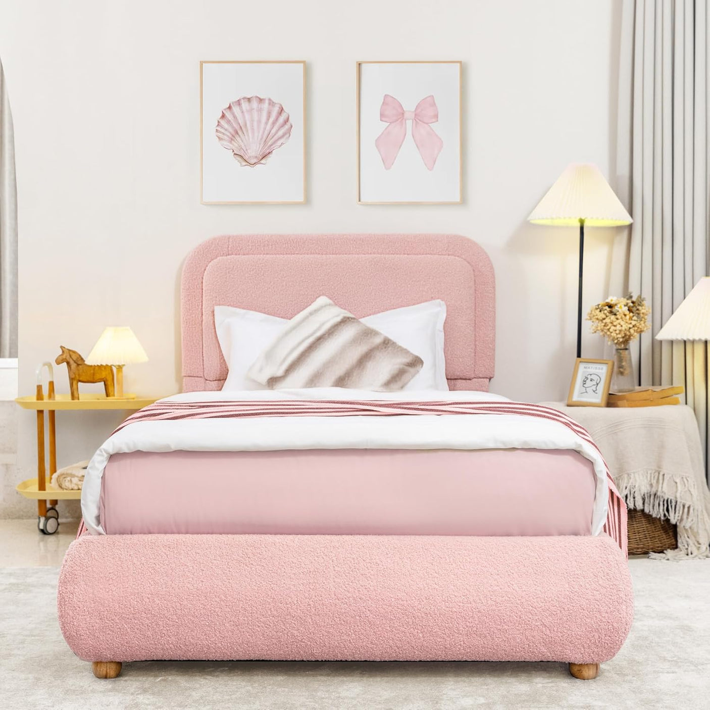 Boucle Fabric Cloud Bed Frame with Round Corner Headboard