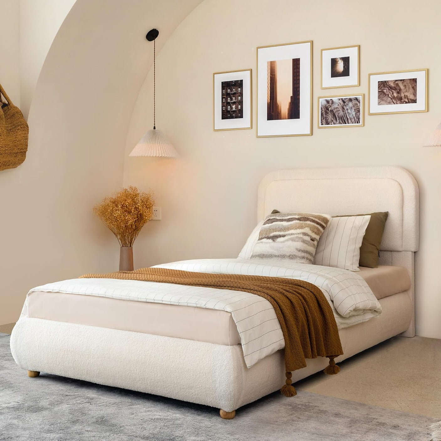 Boucle Fabric Cloud Bed Frame with Round Corner Headboard