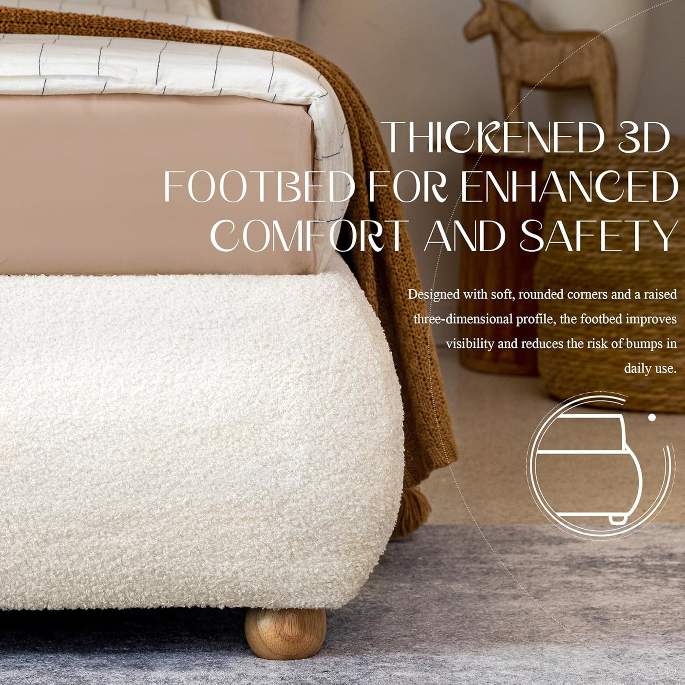 Boucle Fabric Cloud Bed Frame with Round Corner Headboard