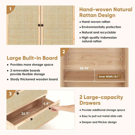 74" Natural Rattan Woven Wardrobe Armoire Closet