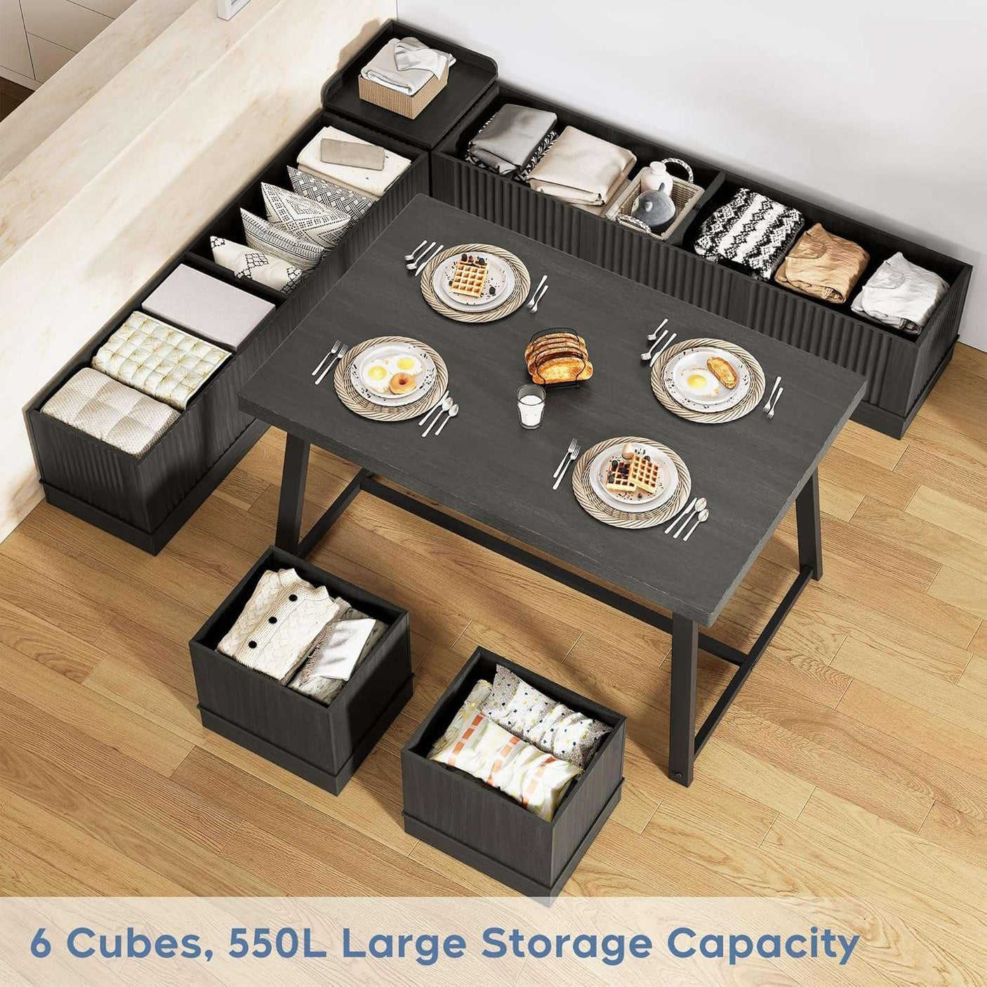 47 Inch Corner Dining Table Set with Storage Stool and Storage Bench
