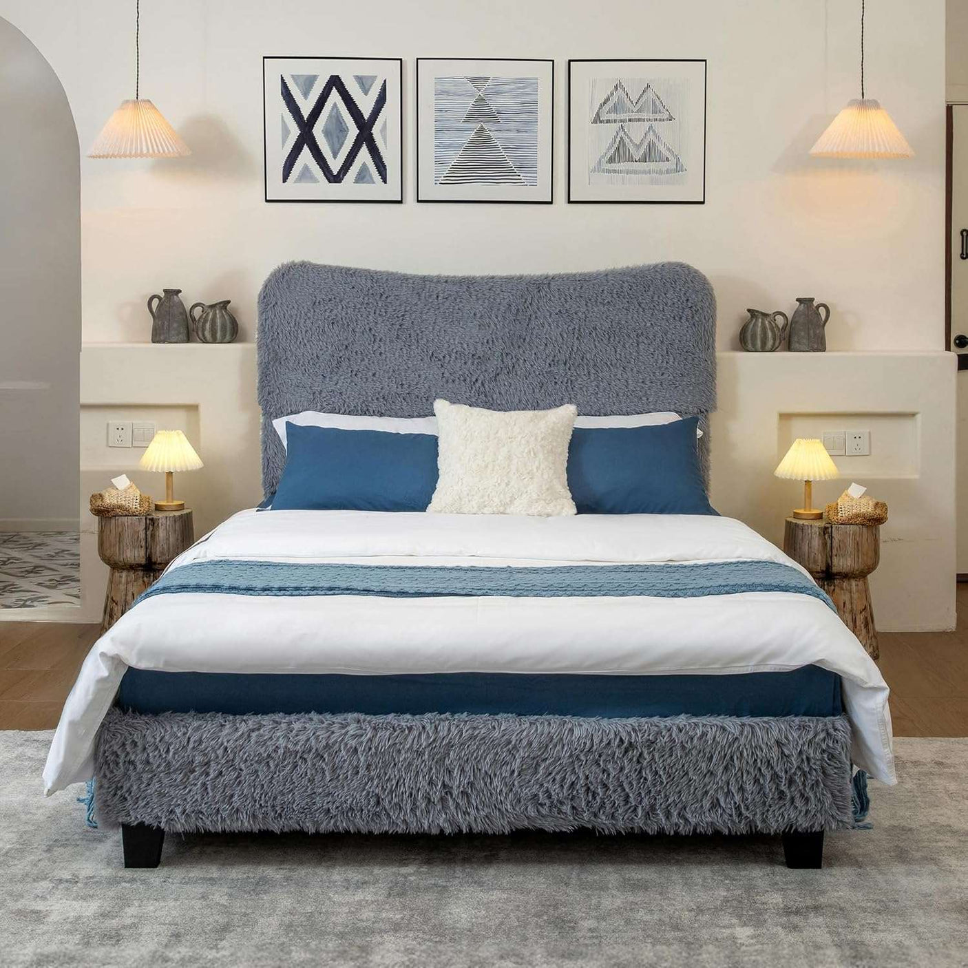 Boho Boucle Cloud Upholstered Platform Bed - Fluffy Soft Bed Frame with Rounded Corners