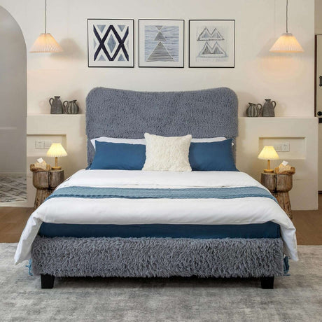 Boho Boucle Cloud Upholstered Platform Bed - Fluffy Soft Bed Frame with Rounded Corners