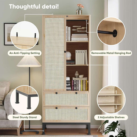74" Natural Rattan Woven Wardrobe Armoire Closet