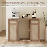 Rattan Coffee Bar Cabinet with Mini Fridge Space - Boho Sideboard with Wine Storage