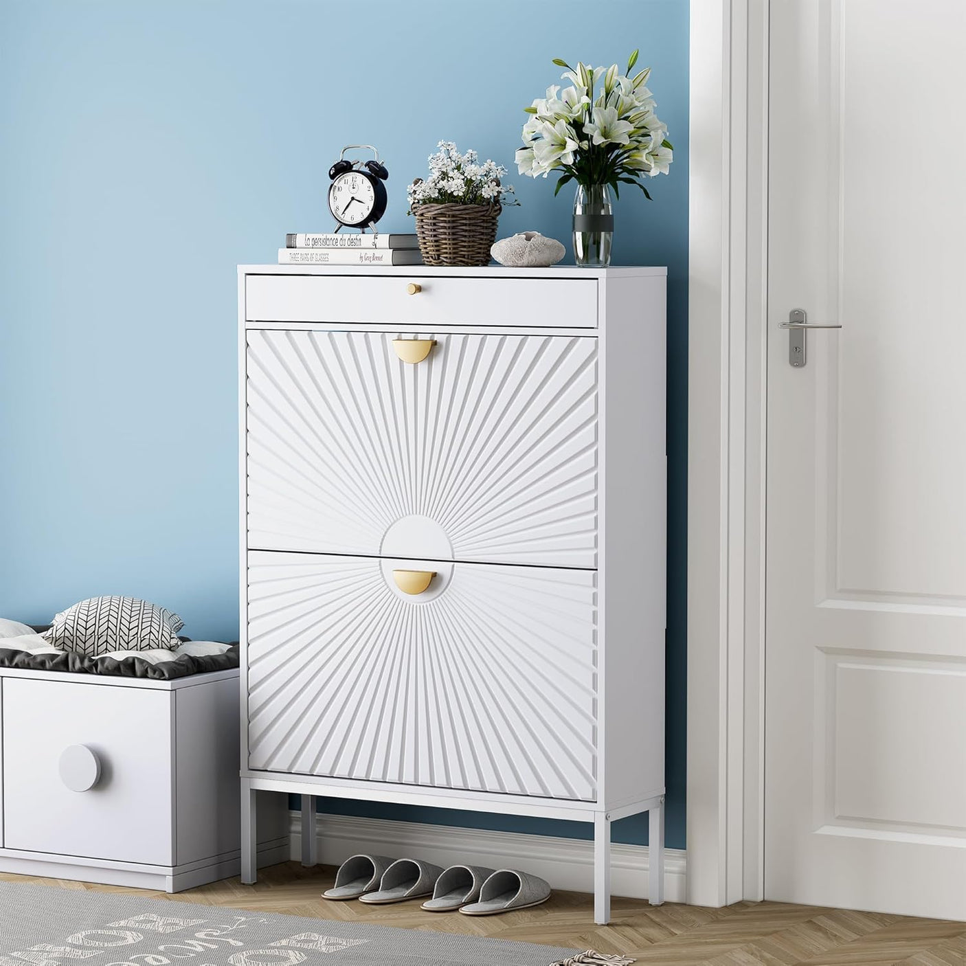Slim Entryway Shoe Organizer with Half linear Circle Doors