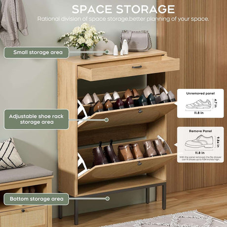 Shoe Rack Storage Organizer with 2 Natural Semi-Circular Rattan Doors