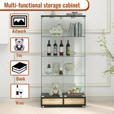 YECHEN Glass Display Cabinet with LED Lights | Double-Door Curio Cabinet with 2 Drawers