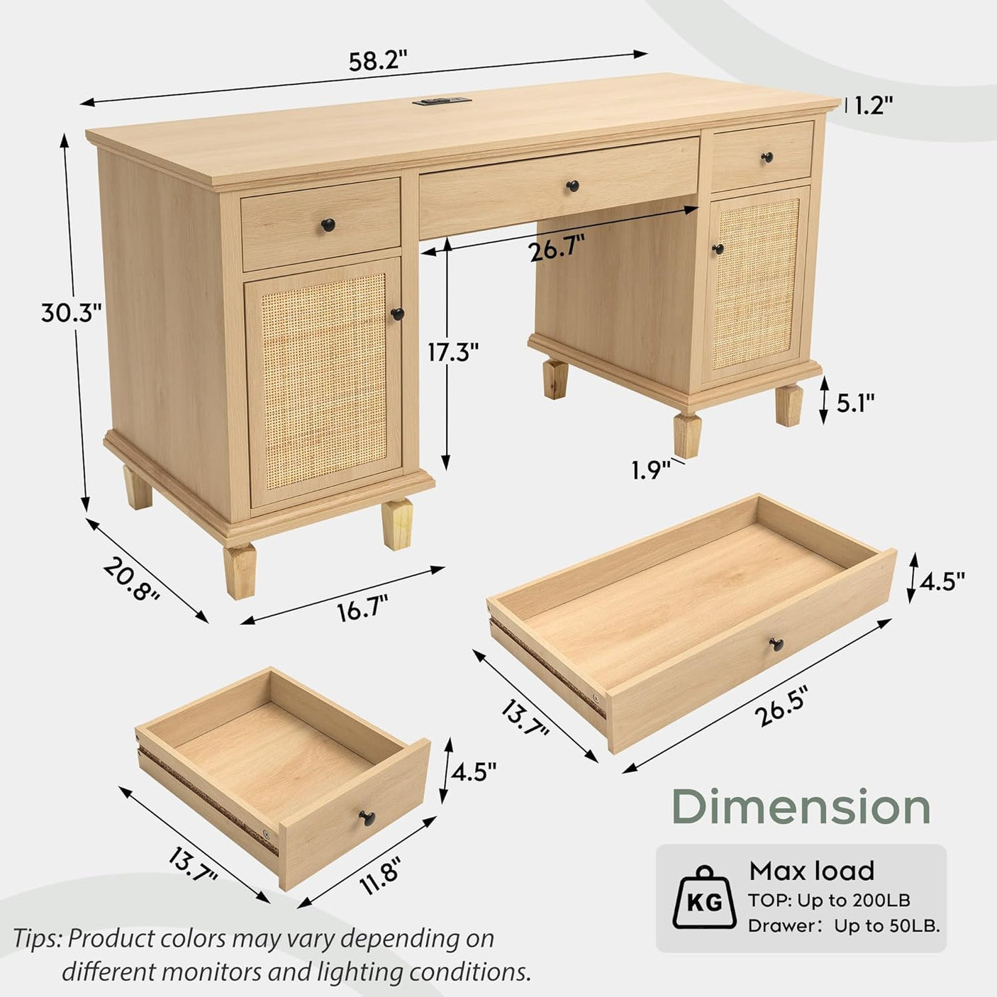 58" Modern Boho Rattan Door Executive Desk