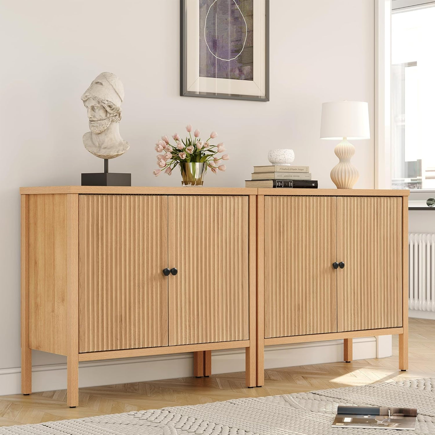 Natural Rattan Fluted Buffet Storage Cabinet