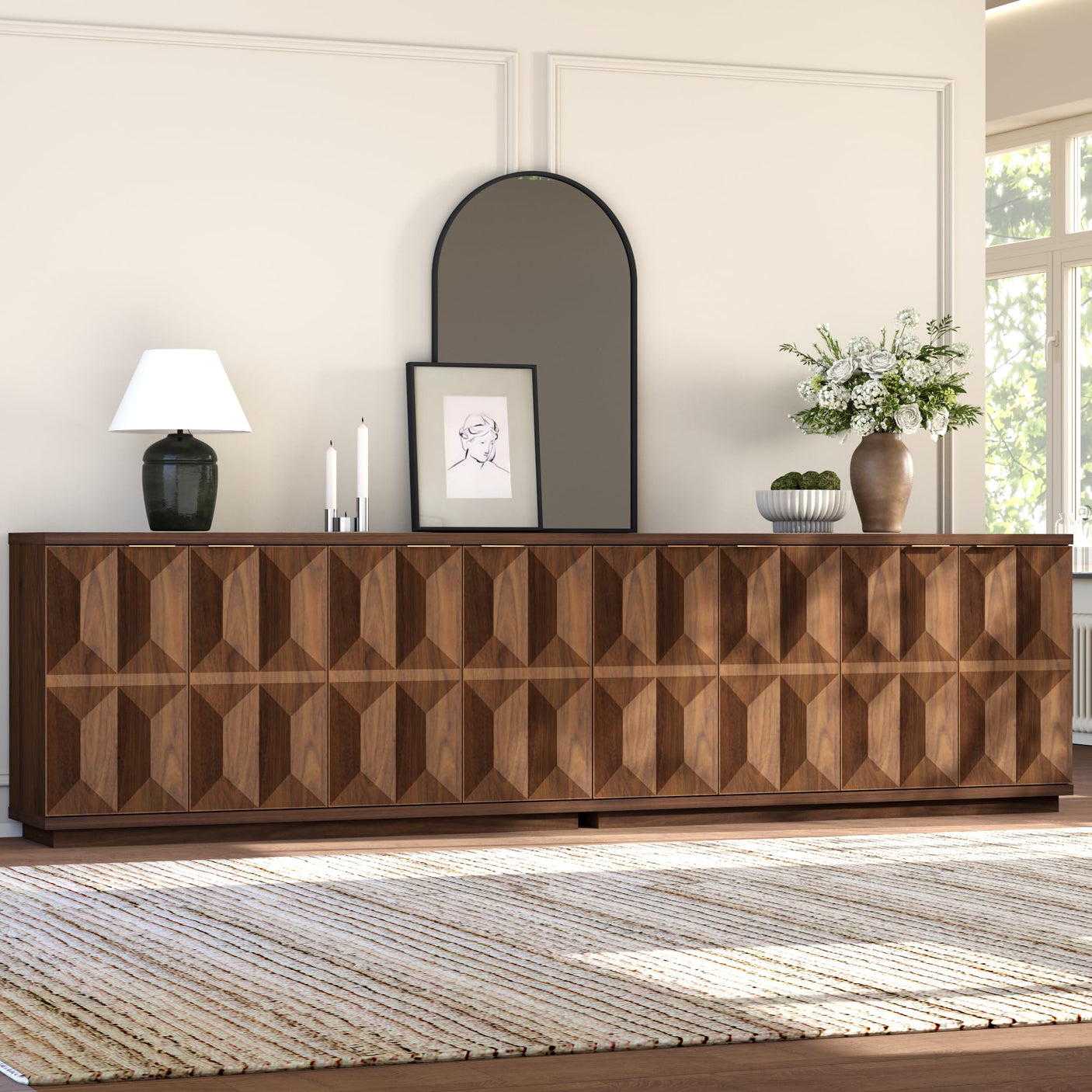 Yechen 59" Walnut Sideboard – Modern 3D Geometric Buffet Cabinet