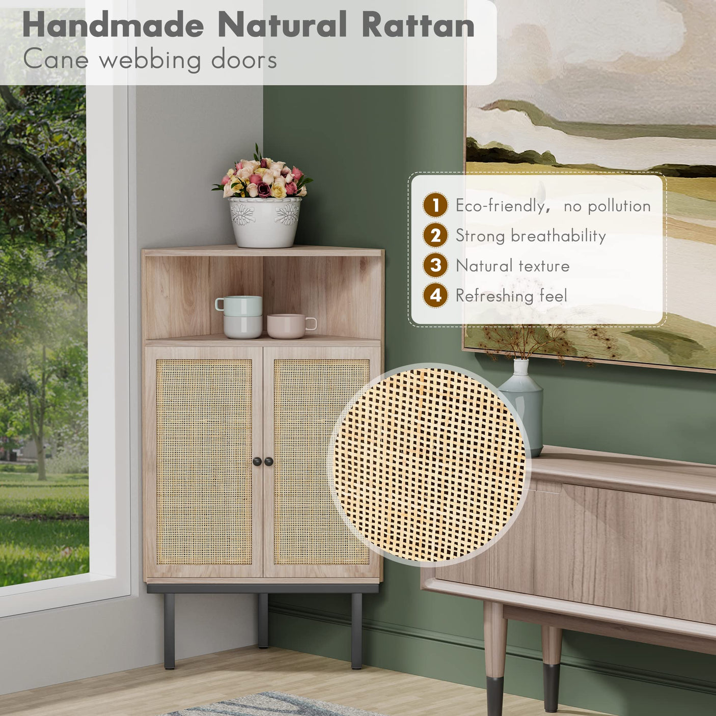 Corner Rattan Storage Cabinet with Adjustable Shelf - Boho Triangle Design