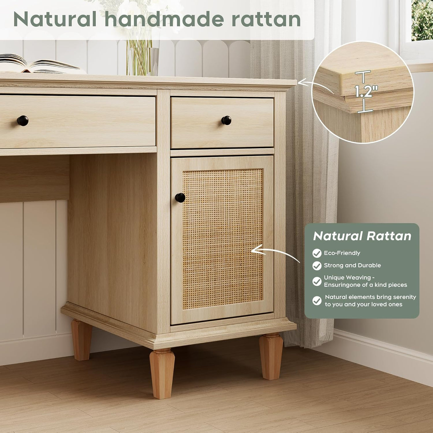 58" Modern Boho Rattan Door Executive Desk