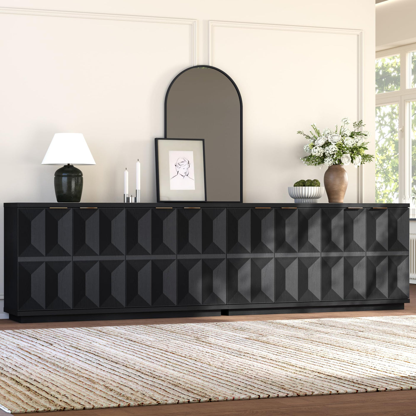 Yechen 59" Walnut Sideboard – Modern 3D Geometric Buffet Cabinet