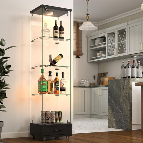 YECHEN Glass Display Cabinet with LED Lights | 4-Shelf Curio Cabinet with Drawer & Locking Door