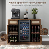 Rattan Coffee Bar Cabinet with Mini Fridge Space - Boho Sideboard with Wine Storage