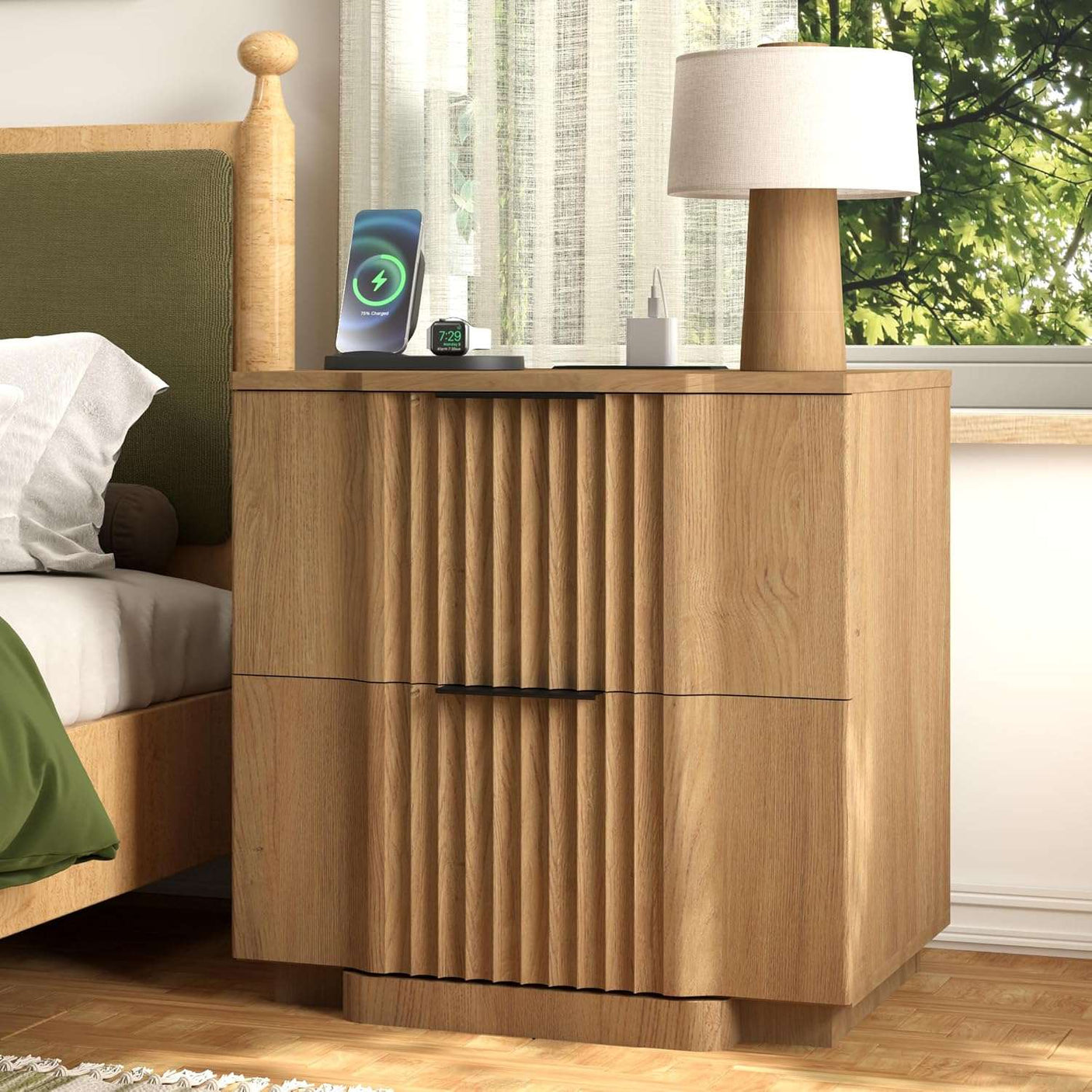 Fluted Nightstand with Charging Station
